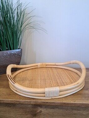 Vintage Boho Rattan Serving Tray Handles Woven Wicker Cane Breakfast Coastal 80s